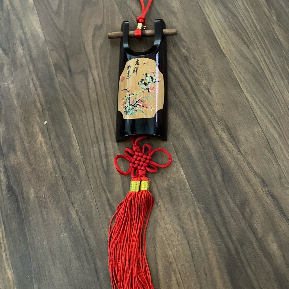 Vintage Chinese Bird Handmade Bamboo Lucky Feng Shui Wall Hanging Red Tassel Art